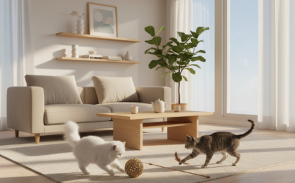 minimalist apartment with cats